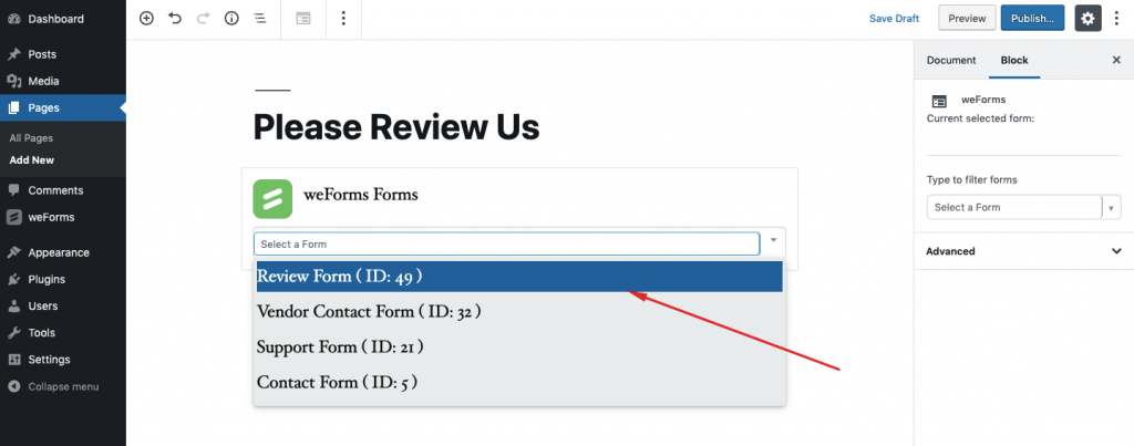 select review form from the list of weforms block