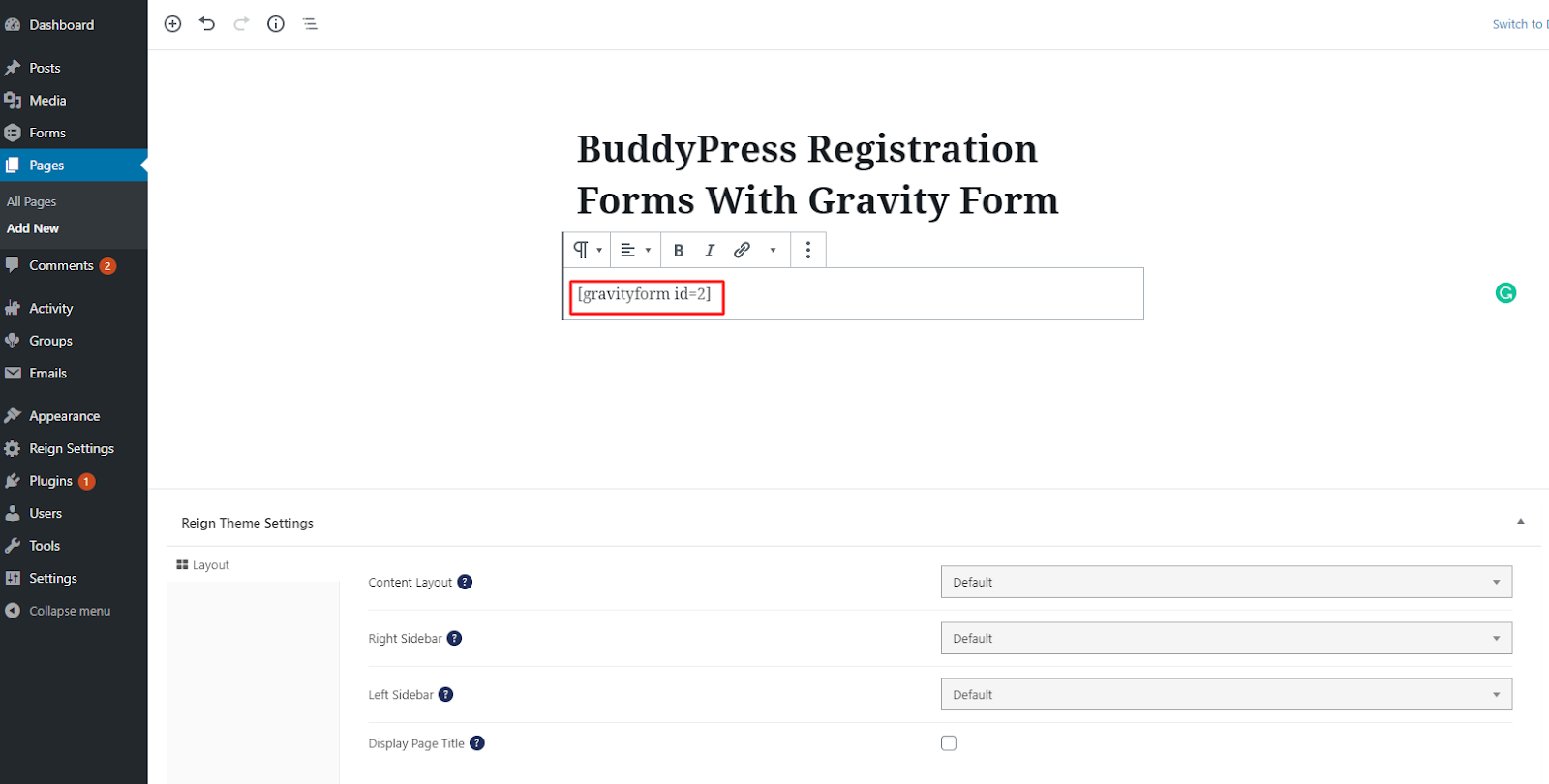 Buddypress Registration Forms shortcode