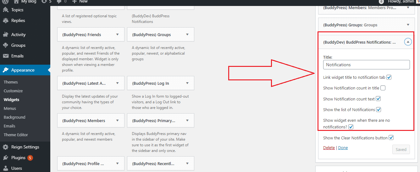 Showing BuddyPress Notifications Widget options
